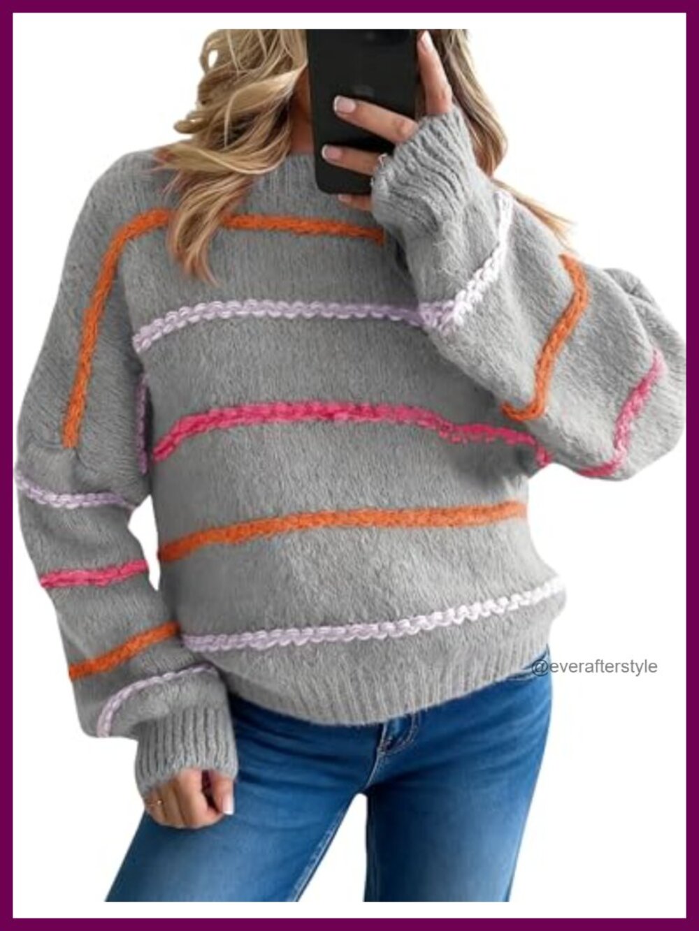 Oversized Striped Knit Pullover Sweater with Lantern Sleeves
